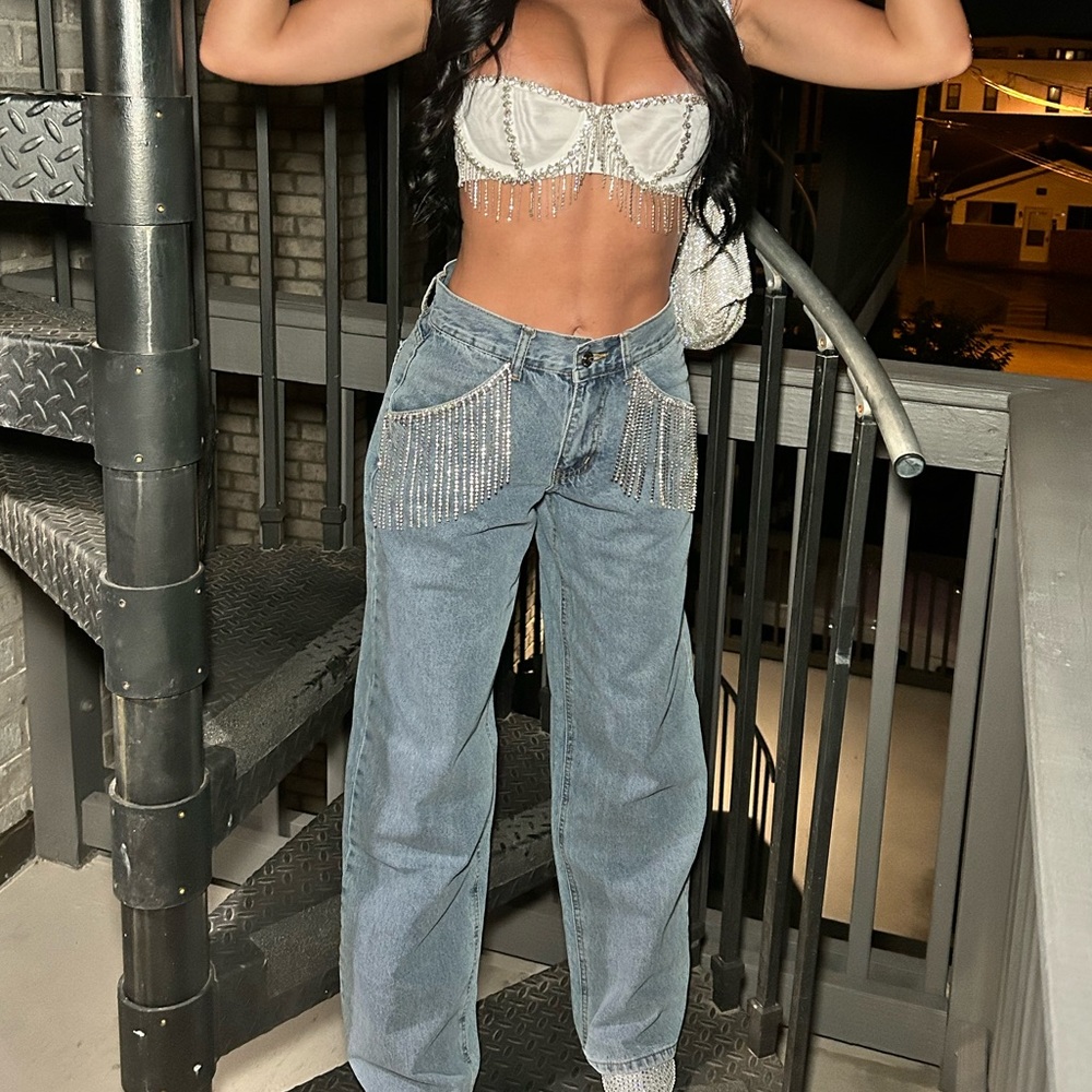 fringe oversized denim XS with White fringe bralette S